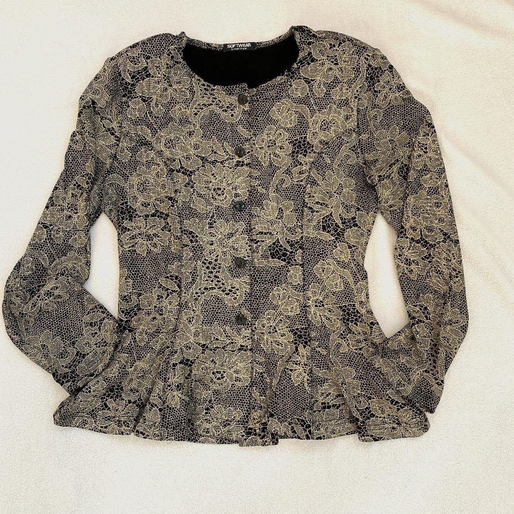Softwear by Mark Singer Black/Gold Glittery Peplum Blouse, Size M